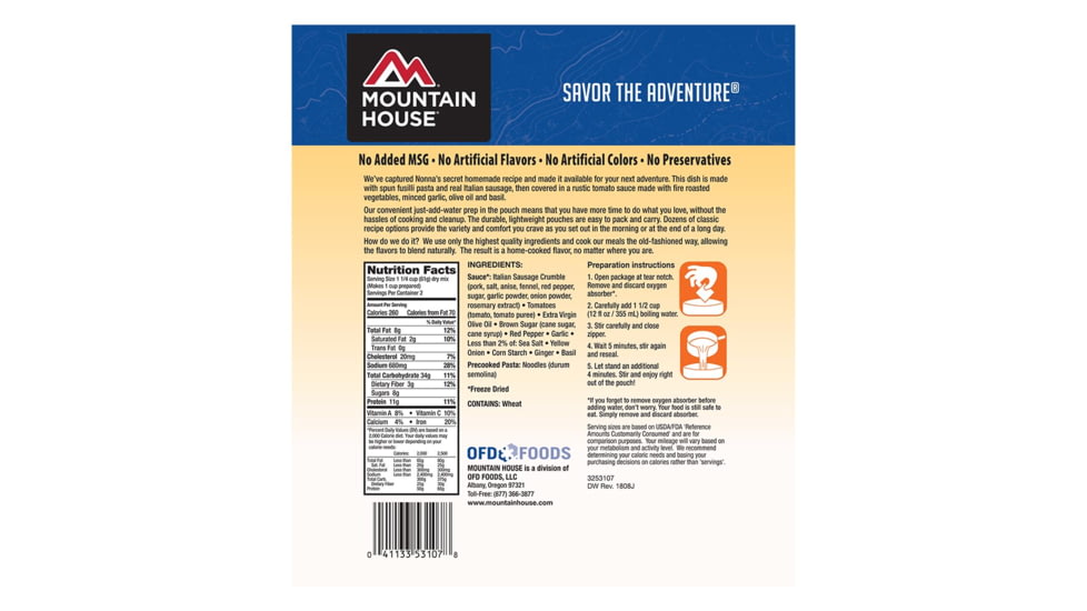 Mountain House Fusilli Pasta with Italian Sausage Food, 53107