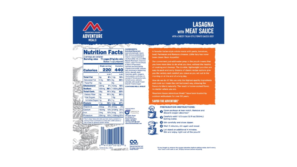 Mountain House Lasagna w/Meat Sauce, 55125