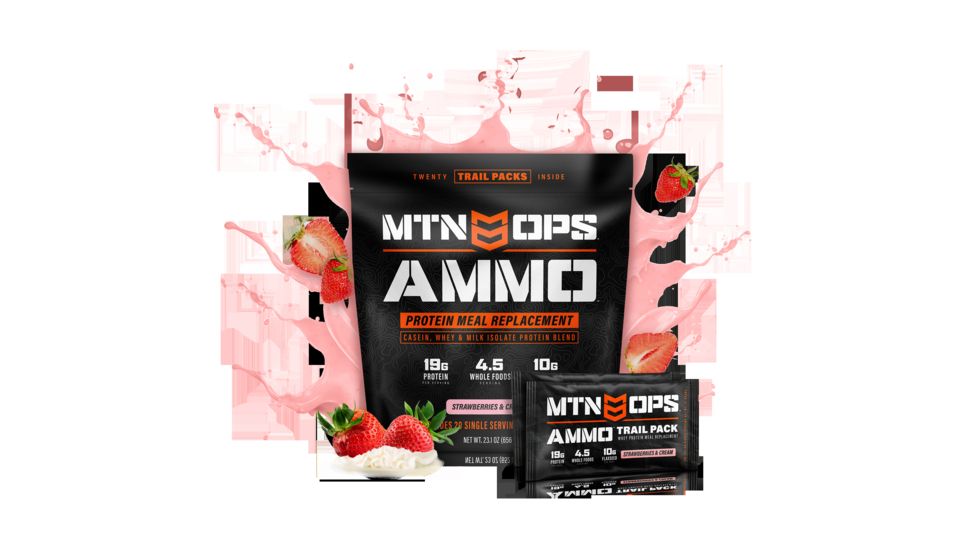 MTN OPS Ammo Protein Meal Replacement Powder, 20 Serving Stick Packs, Strawberries/Cream, 3106430320