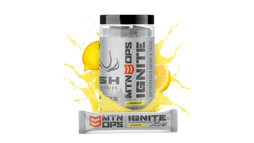MTN OPS HUSH Ignite Supercharged Energy Drink, 20 Trail Packs, Lemonade, 1104260320