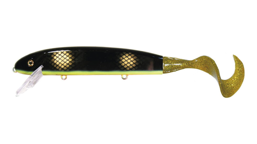 Musky Mania Squirrely Jake Fishing Plug w/ Live Action Tail 9in, 1 1/8 oz, Black Perch Stripe, SQJ9-04