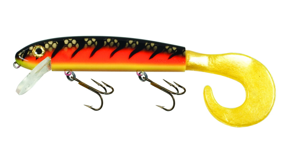 Musky Mania Squirrely Jake Fishing Plug w/ Live Action Tail 9in, 1 1/8 oz, Fire Belly Stripe, SQJ9-53