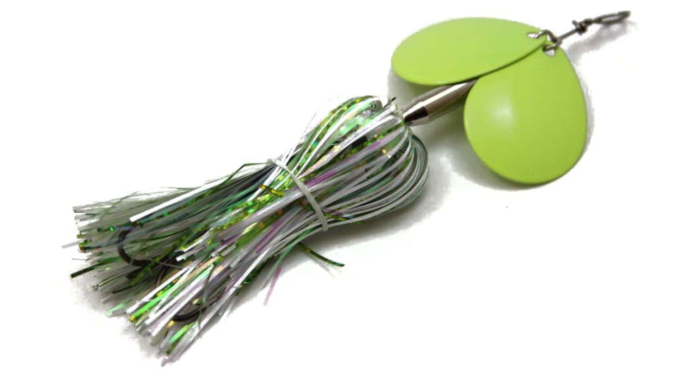 Musky Mayhem Micro Double Cowgirl Musky Spinner, 1/0 Hook, White/Chart, 5in, .75 oz, MDC01