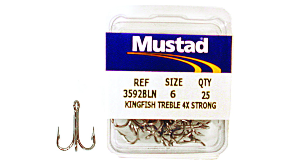 Mustad Kingfish Treble Hook, 4X Strong, Ringed Eye, Black Nickel, Size 6, 25 per Pack, 3592BLN-6-24