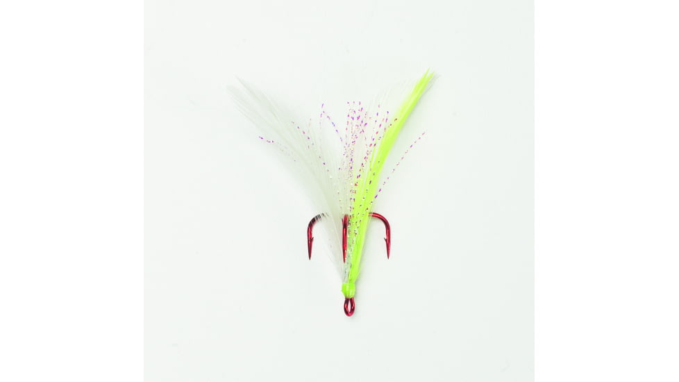 Mustad Ultrapoint Dressed Treble Hook, Needle Point, Short Shank, Ringed Eye, Red, White/Chartreuse Feather, Size 4, 2 per Pack, 102RWCH-4-2U