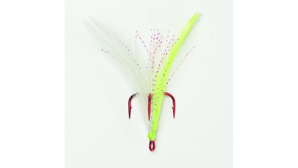 Mustad UltraPoint Dressed Treble Hook, Needle Point, Short Shank, Ringed Eye, Red, White/Chartreuse Feather, Size 6, 2 per Pack, 102RWCH-6-2U