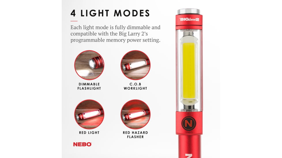 Nebo Big Larry 2 COB LED Flashlight, AA, White/Red COB, 500 Lumens, Red, NEB-WLT-0002