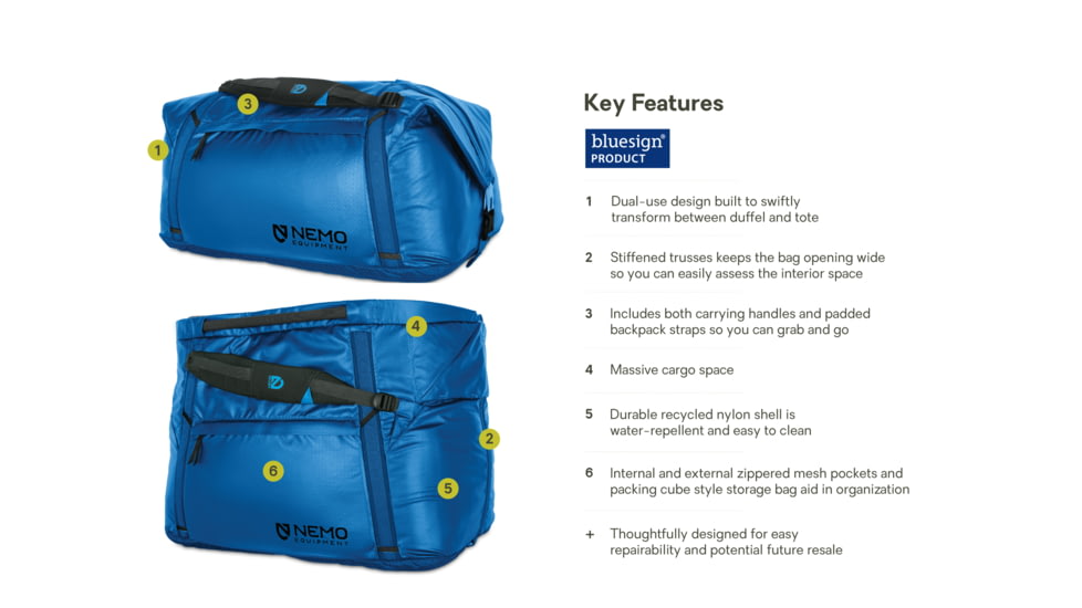 NEMO Equipment Double Haul Convertible Duffel Bag, 100L, Lake, 811666035219