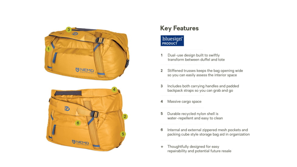 NEMO Equipment Double Haul Convertible Duffel Bag, 30L, Chai, 811666035950
