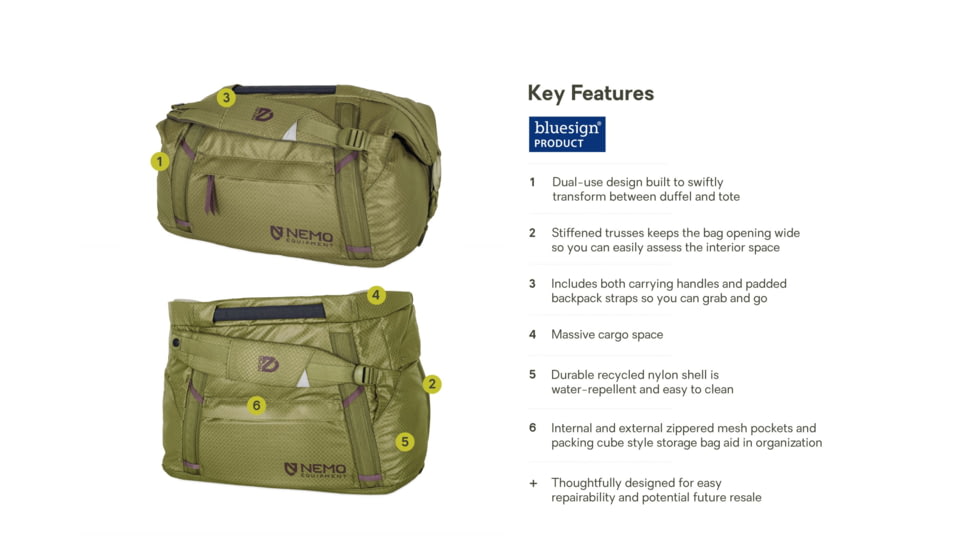 NEMO Equipment Double Haul Convertible Duffel Bag, 30L, Nova, 811666035936