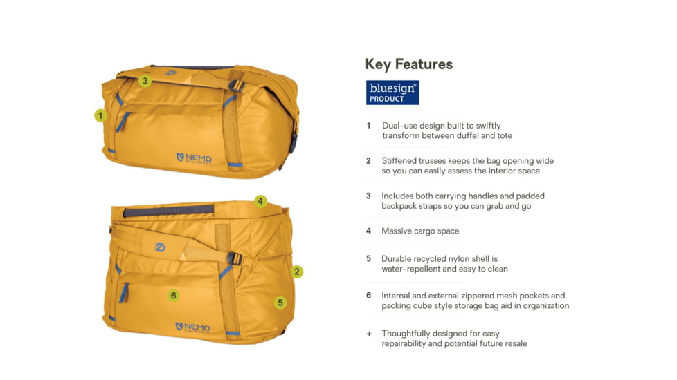 NEMO Equipment Double Haul Convertible Duffel Bag, 55L, Chai, 811666034977