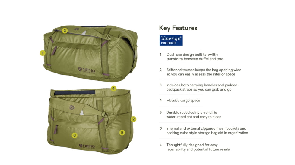 NEMO Equipment Double Haul Convertible Duffel Bag, 55L, Nova, 811666034984