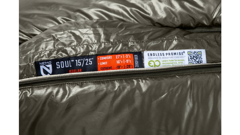 NEMO Equipment Soul 15/25F Endless Promise Synthetic Mummy Sleeping Bag, Smokey Olive / Fog / Spicy Orange, Short, 811666036193