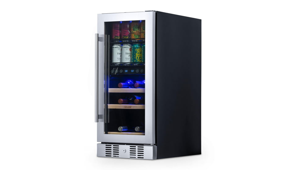 NewAir 15in Premium Built-in Dual Zonen Wine/Beverage Fridge, Black/Stainless Steel, 9 Bottles and 48 Cans, NWB057SS00