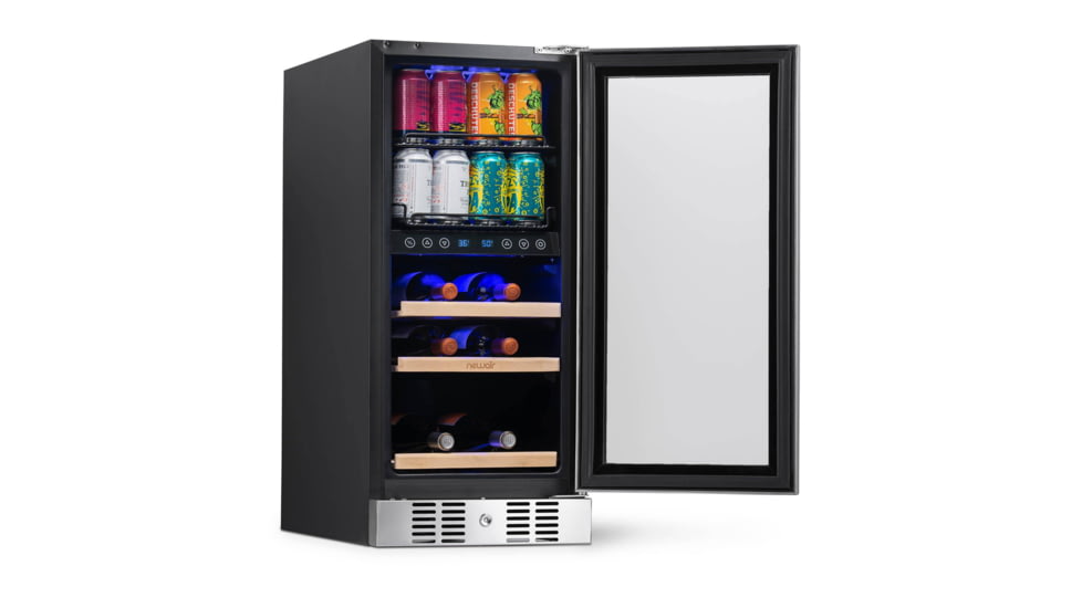 NewAir 15in Premium Built-in Dual Zonen Wine/Beverage Fridge, Black/Stainless Steel, 9 Bottles and 48 Cans, NWB057SS00