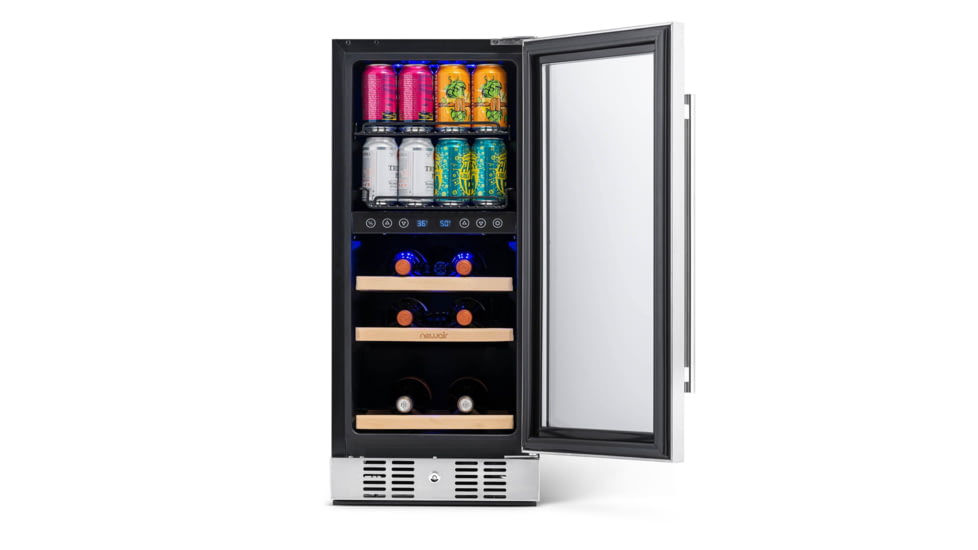NewAir 15in Premium Built-in Dual Zonen Wine/Beverage Fridge, Black/Stainless Steel, 9 Bottles and 48 Cans, NWB057SS00
