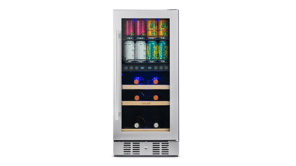NewAir 15in Premium Built-in Dual Zonen Wine/Beverage Fridge, Black/Stainless Steel, 9 Bottles and 48 Cans, NWB057SS00