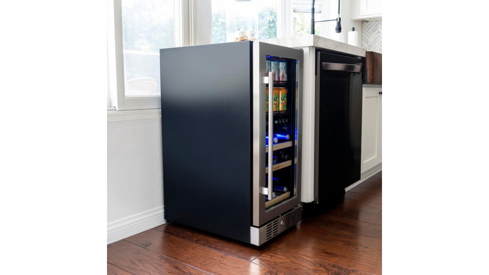 NewAir 15in Premium Built-in Dual Zonen Wine/Beverage Fridge, Black/Stainless Steel, 9 Bottles and 48 Cans, NWB057SS00