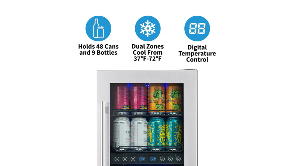 NewAir 15in Premium Built-in Dual Zonen Wine/Beverage Fridge, Black/Stainless Steel, 9 Bottles and 48 Cans, NWB057SS00