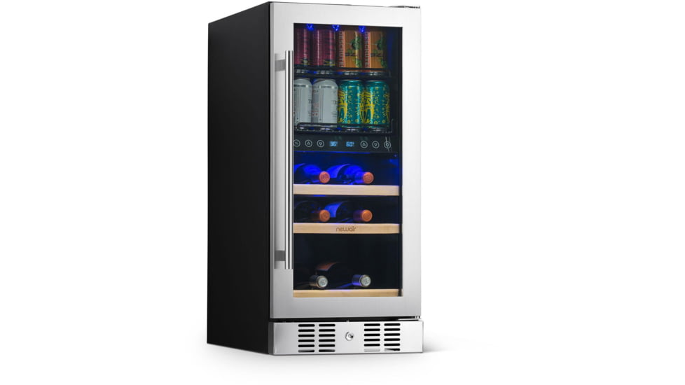 NewAir 15in Premium Built-in Dual Zonen Wine/Beverage Fridge, Black/Stainless Steel, 9 Bottles and 48 Cans, NWB057SS00