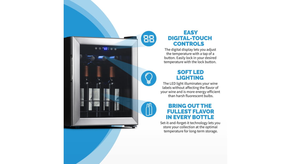 NewAir Freestanding Compressor Wine Fridge, Black / Stainless Steel, 16 Bottles, NWC016SS00