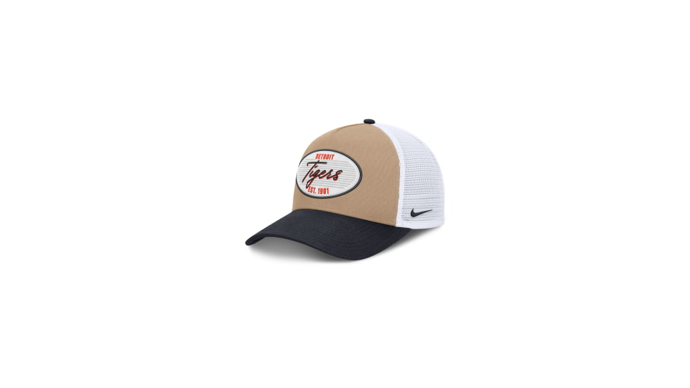 Nike Detroit Tigers Rise Nike Mens MLB A-Frame Trucker Adjustable Hat in Brown NB1F0JOVDG-G3T, Brown, M/L, male, 1016048530-00199297280452