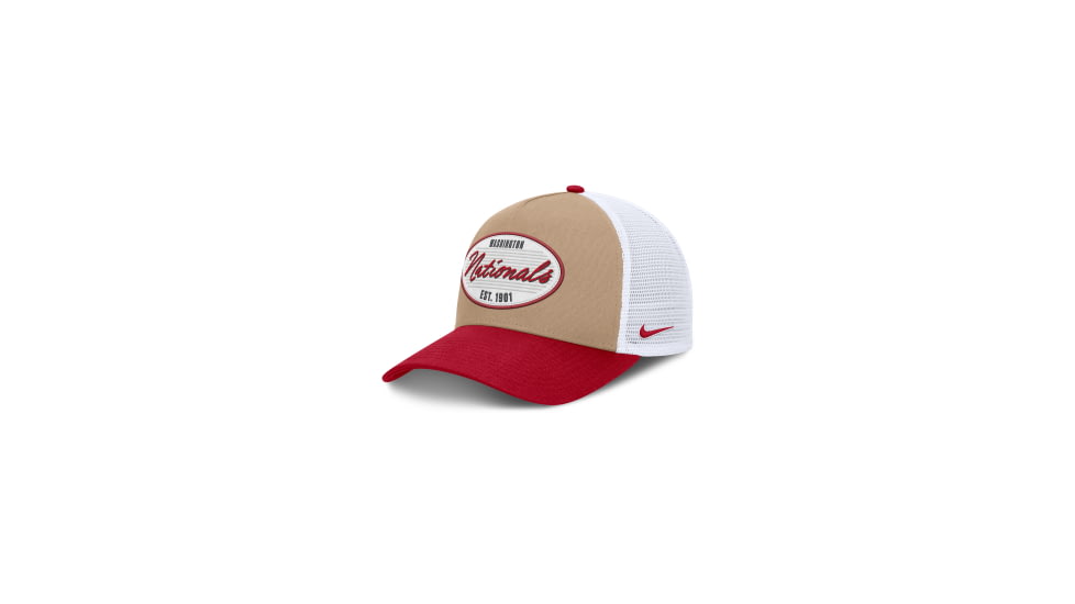 Nike Washington Nationals Rise Nike Mens MLB A-Frame Trucker Adjustable Hat in Brown NB1F0JOTWTL-G3T, Brown, M/L, male, 1016048537-00199297280247