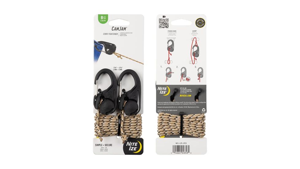 Nite Ize CamJam Cord Tightener - 2 Pack with 8 ft. Rope, Black, Small, NCJ-25-2R3
