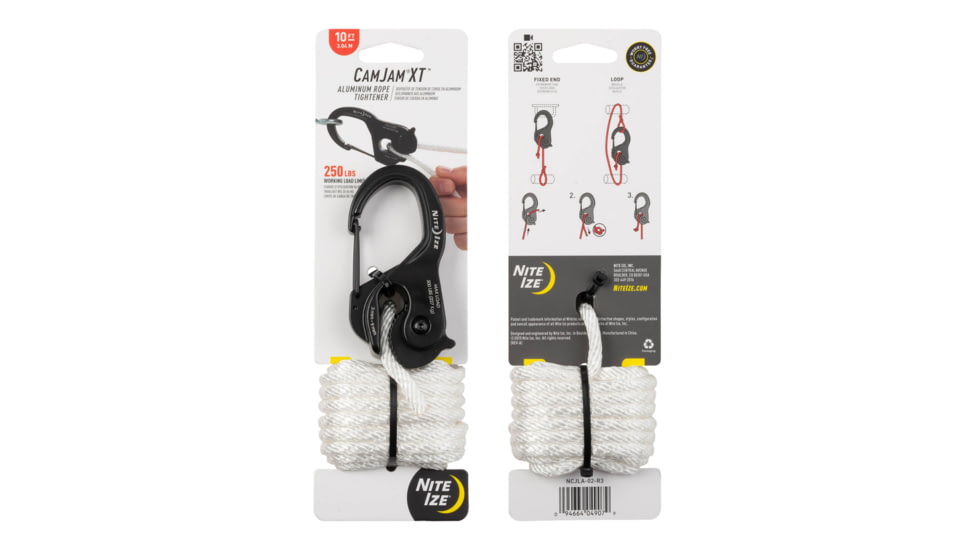 Nite Ize CamJam XT Aluminum Cord Tightener, Large, w/10ft Rope, White, NCJLA-02-R3