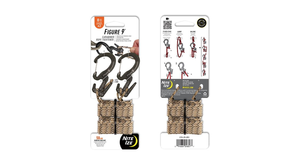 Nite Ize Figure 9 Carabiner Tensioning Tool, Black, Small, 2 Pack w/ Rope C9S-03-TP01