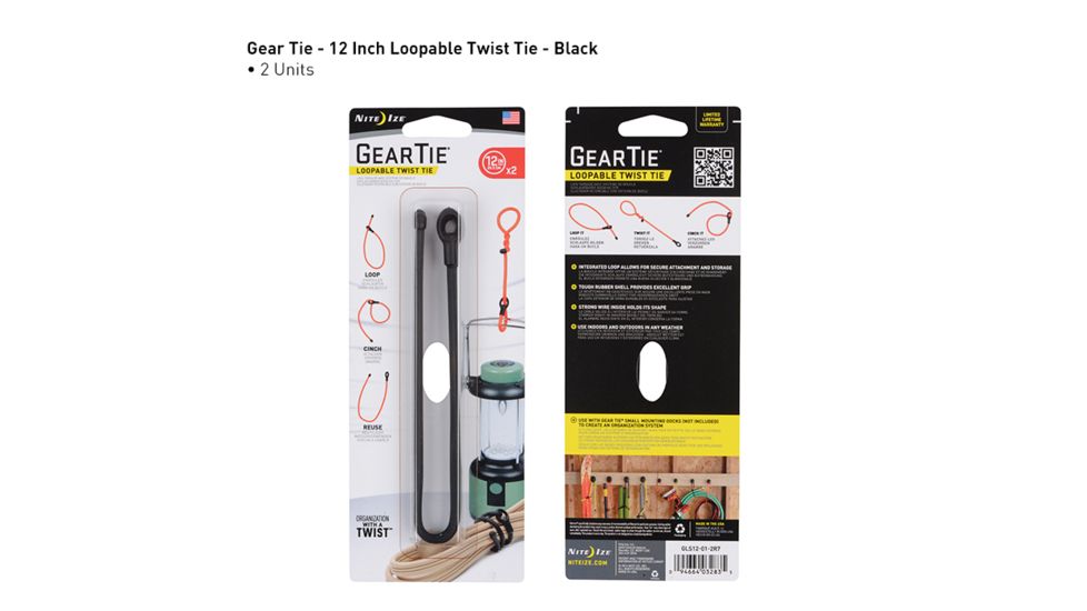 Nite Ize Gear Tie Loopable Twist Tie 12in,Pack of 2,Black GLS12-01-2R7