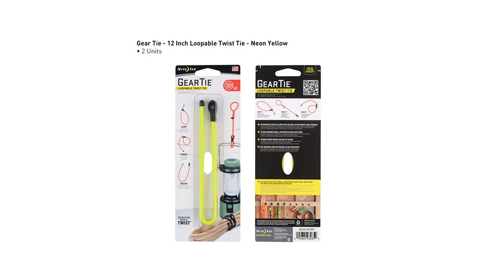 Nite Ize Gear Tie Loopable Twist Tie 12in,Pack of 2,Neon Yellow GLS12-33-2R7