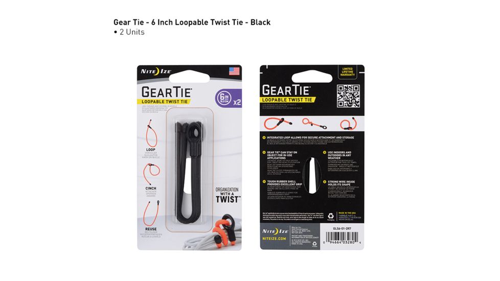 Nite Ize Gear Tie Loopable Twist Tie 6in,Pack of 2,Black GLS6-01-2R7