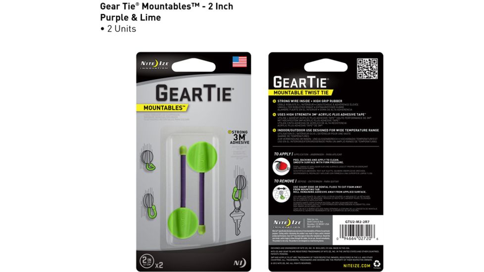 Nite Ize Gear Tie Mountables - 2in, Lime/Purple GTU2-M2-2R7