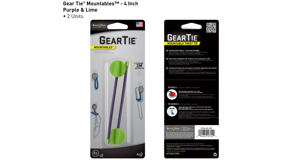 Nite Ize Gear Tie Mountables - 4in, Lime/Purple GTU4-M2-2R7