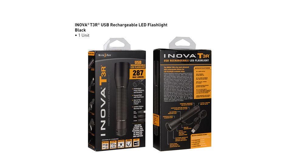 INOVA® T3R® - USB Rechargeable Tactical LED Flashlight - International Version - Black