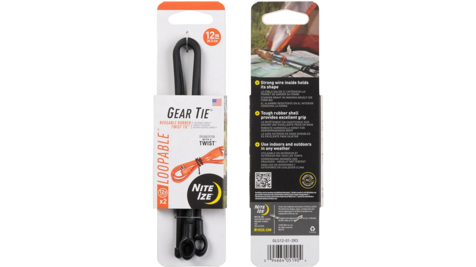 Nite Ize Loopable Twist Gear Tie, 12 in, 2 Pack, Black, GLS12-01-2R3