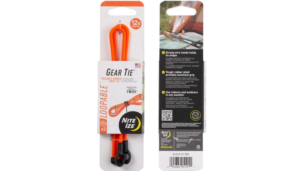Nite Ize Loopable Twist Gear Tie, 12 in, 2 Pack, Bright Orange, GLS12-31-2R3