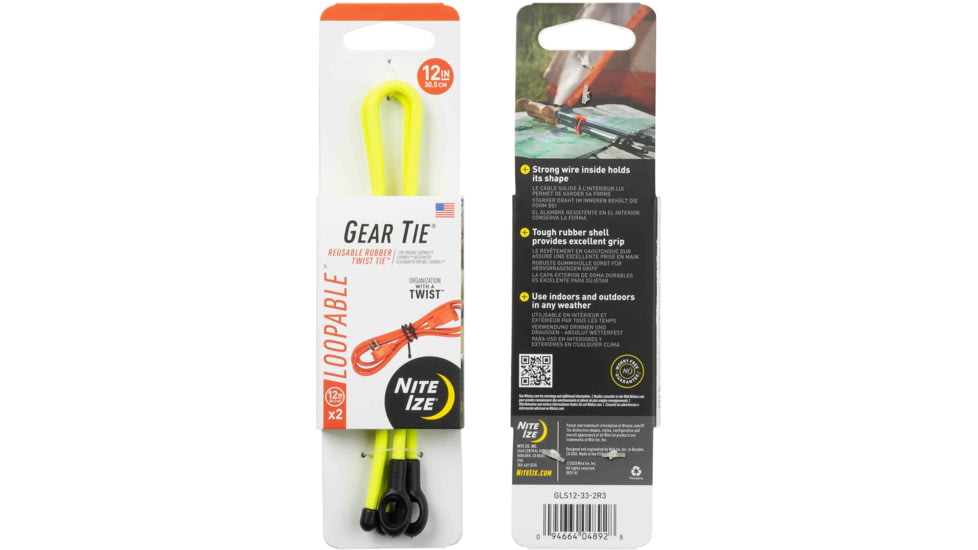 Nite Ize Loopable Twist Gear Tie, 12 in, 2 Pack, Neon Yellow, GLS12-33-2R3