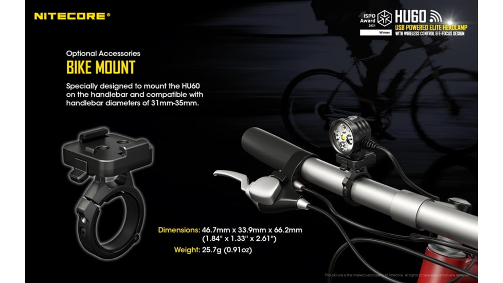 Nitecore Bike Mount and Helmet Strap for HU60, Black, 6952506494606