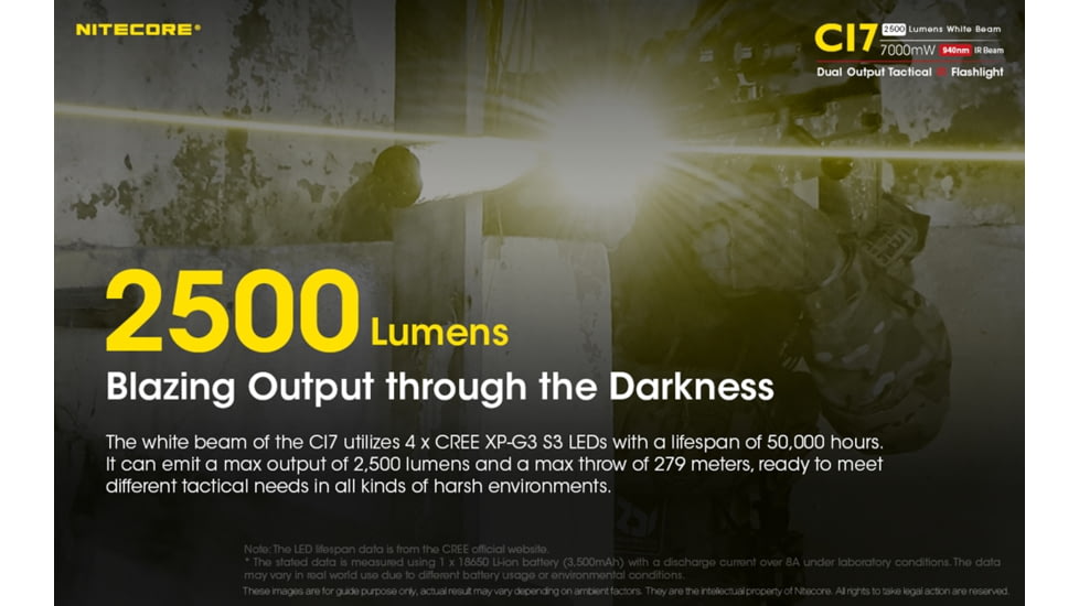 Nitecore CI7 2500 Lumen White and Infrared IR LED Flashlight, Black, 6952506405237