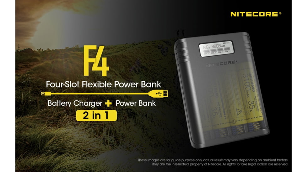 Nitecore F4 Four-Slot Flexible Power Bank and Battery Charger for Lithium-ion 18650, Black, 6952506492954