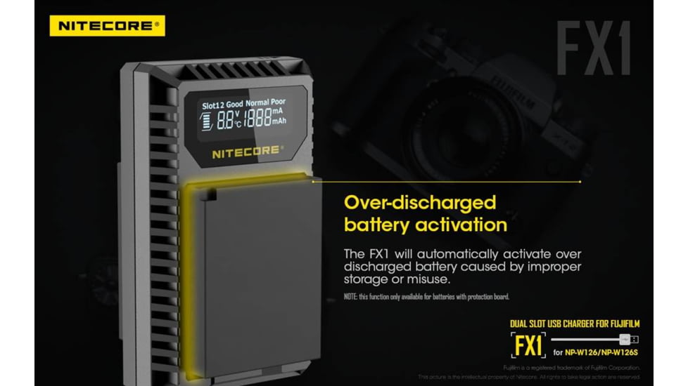 Nitecore FX1 Digital USB Travel Battery Charger for Fujifilm NP-W126 and NP-W126S Batteries, Black, 6952506492657