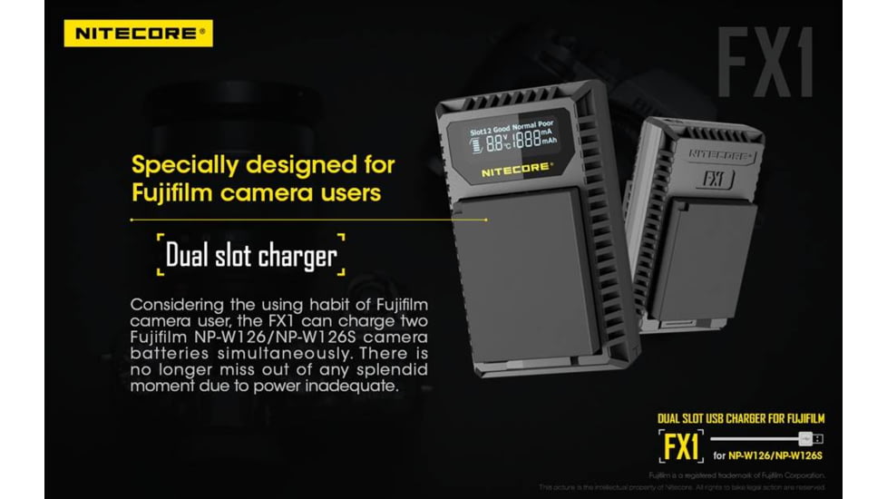 Nitecore FX1 Digital USB Travel Battery Charger for Fujifilm NP-W126 and NP-W126S Batteries, Black, 6952506492657