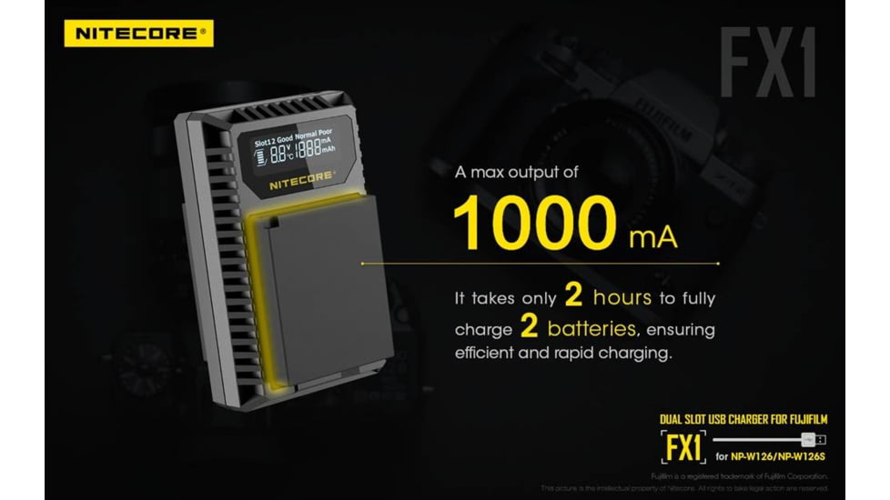 Nitecore FX1 Digital USB Travel Battery Charger for Fujifilm NP-W126 and NP-W126S Batteries, Black, 6952506492657