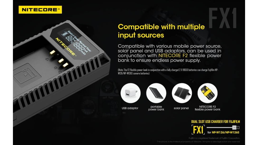 Nitecore FX1 Digital USB Travel Battery Charger for Fujifilm NP-W126 and NP-W126S Batteries, Black, 6952506492657