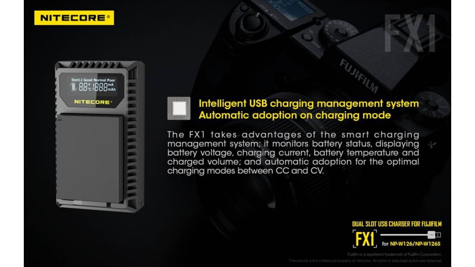 Nitecore FX1 Digital USB Travel Battery Charger for Fujifilm NP-W126 and NP-W126S Batteries, Black, 6952506492657