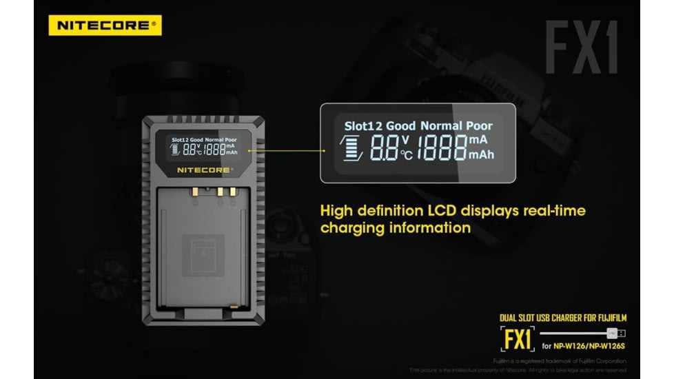 Nitecore FX1 Digital USB Travel Battery Charger for Fujifilm NP-W126 and NP-W126S Batteries, Black, 6952506492657