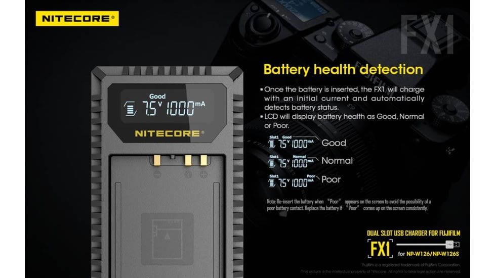 Nitecore FX1 Digital USB Travel Battery Charger for Fujifilm NP-W126 and NP-W126S Batteries, Black, 6952506492657