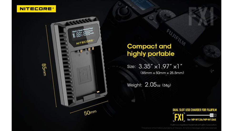 Nitecore FX1 Digital USB Travel Battery Charger for Fujifilm NP-W126 and NP-W126S Batteries, Black, 6952506492657